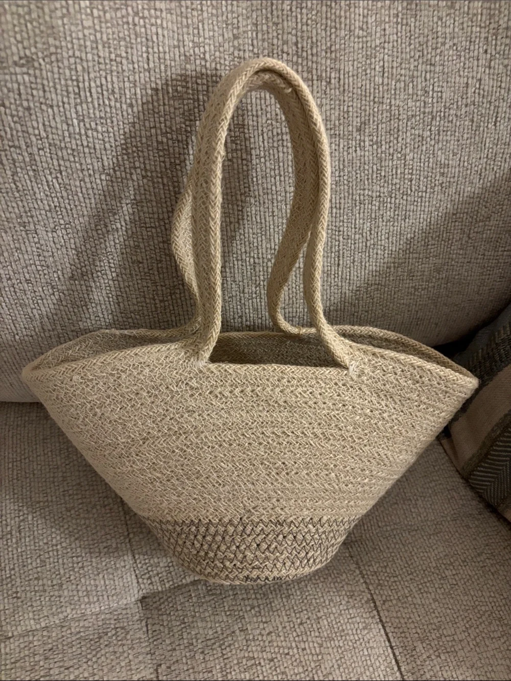 Neutral Beige Woven Tote Bag with Pom-Pom Accents